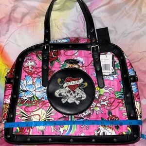 Ed Hardy Pink Floral Skull Heart Dome Tote with Black Trim